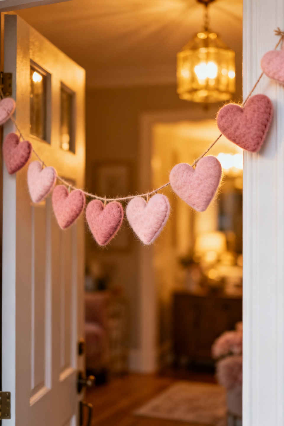 Soft felt hearts on twine over a neutral entryway shelf