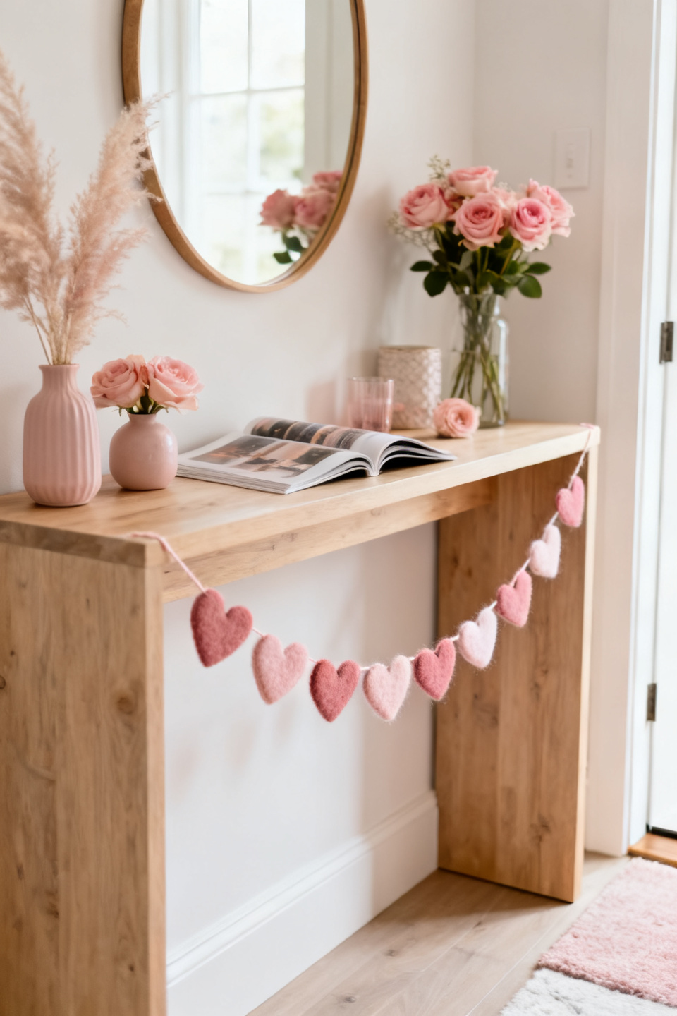 Handmade heart garland paired with warm string lights in an entry