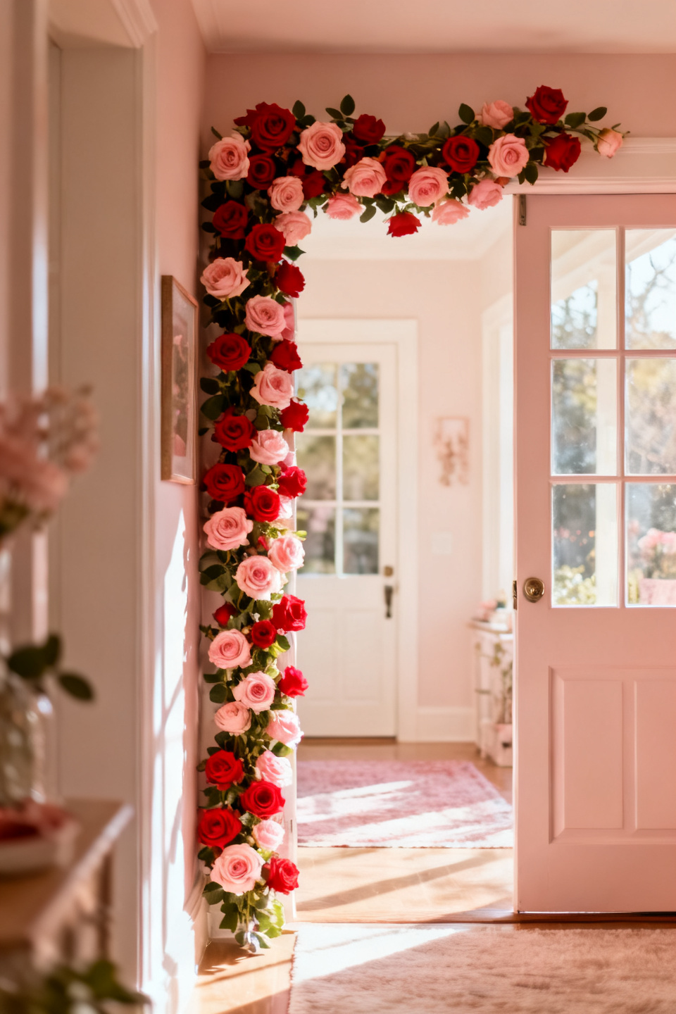 Blush and burgundy rose garland swagged down a stair banister
