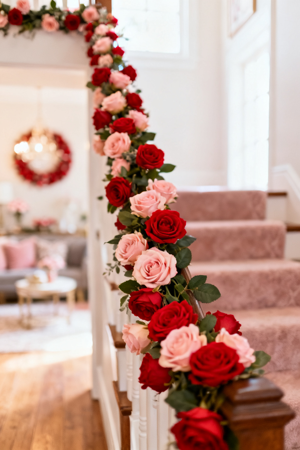 Artificial rose garland woven with eucalyptus along an entry rail