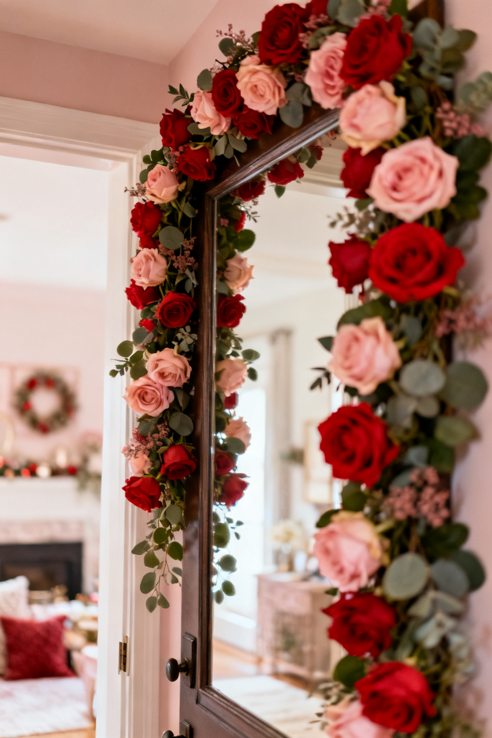 Rose garland framing a front door with soft blush blooms