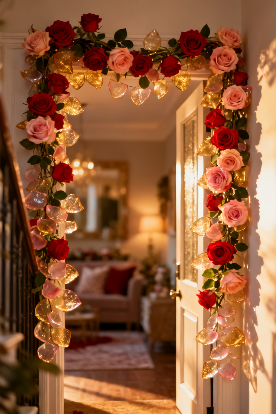 Rose garland along a banister lit with warm fairy lights