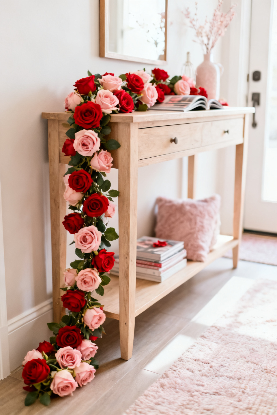 Full rose garland looped over a newel post with trailing greenery