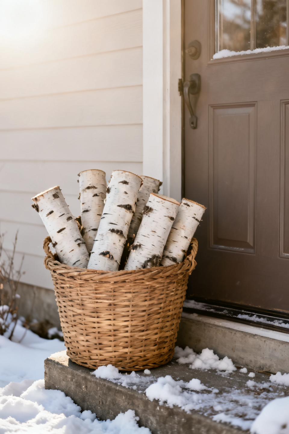 White birch logs stacked in a woven basket by a winter front door