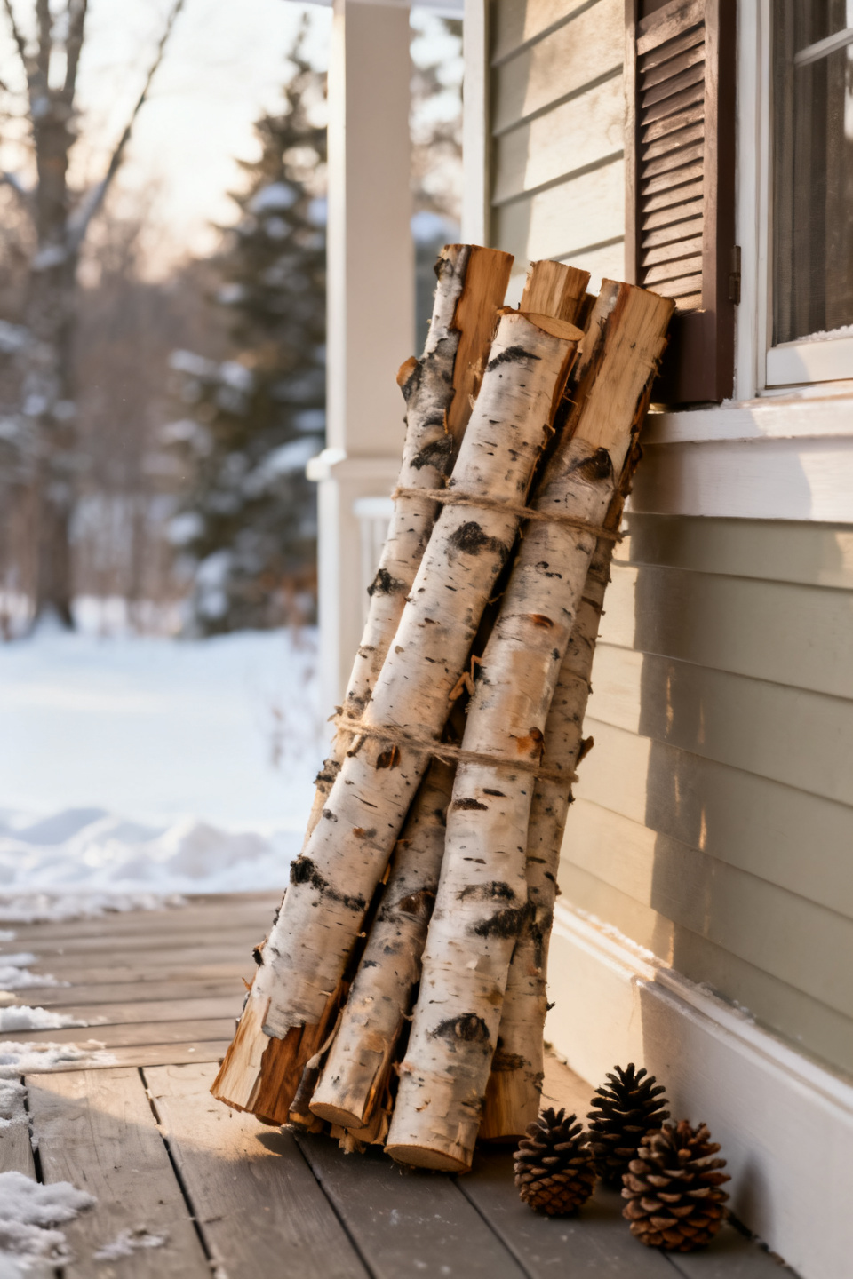 Birch log bundle leaning against a porch wall with pinecones