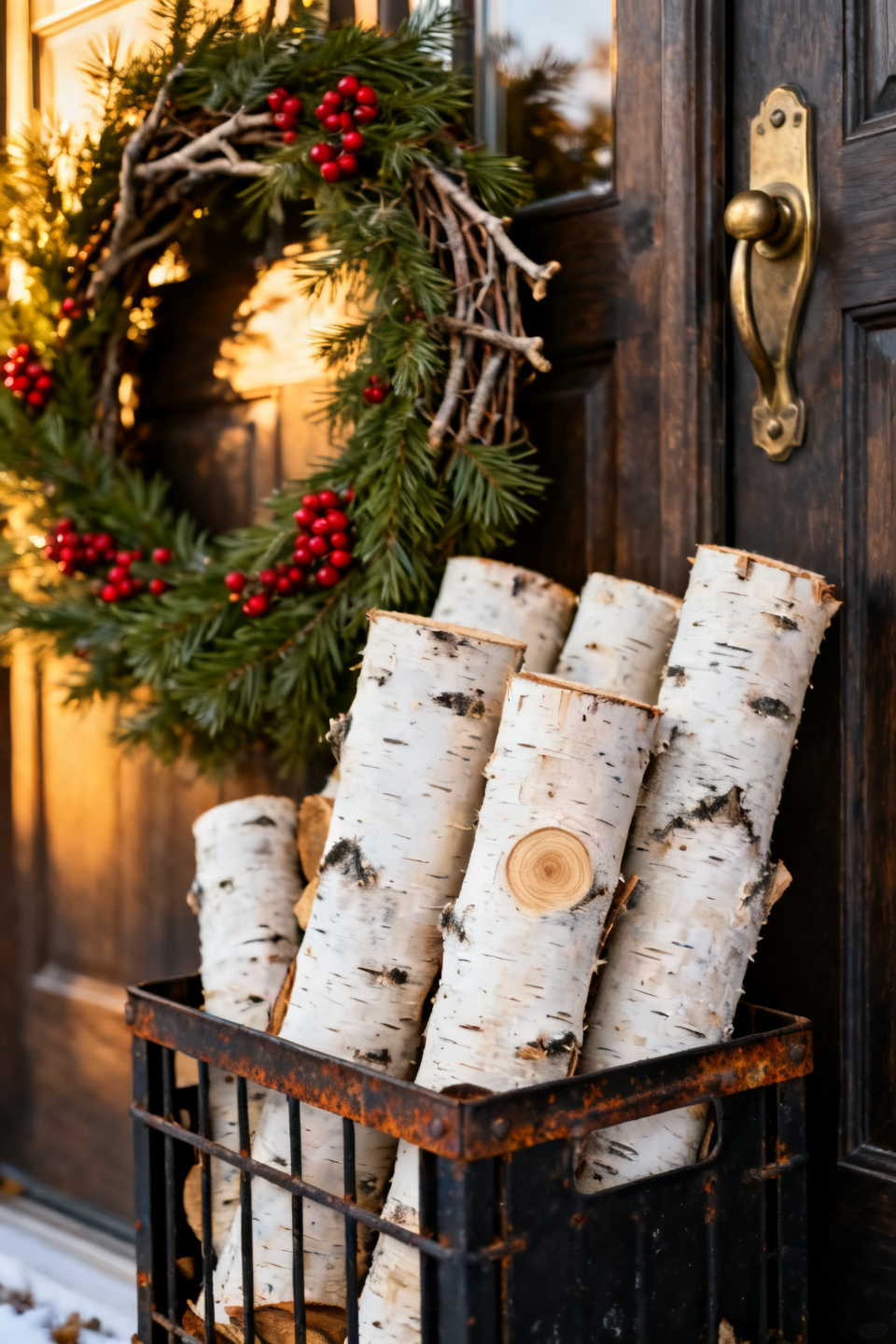 Birch logs in a black metal crate beside a green wreath