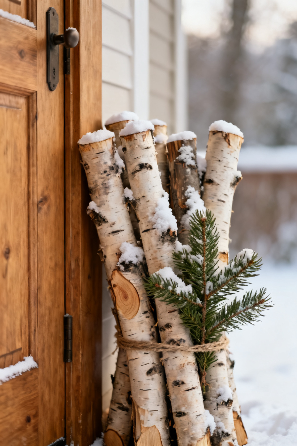 Snow-dusted birch bundle with a small evergreen sprig