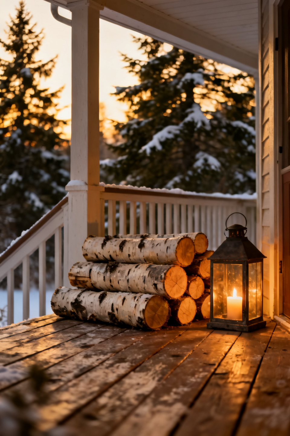 Rustic birch logs and a lantern on a cozy winter porch
