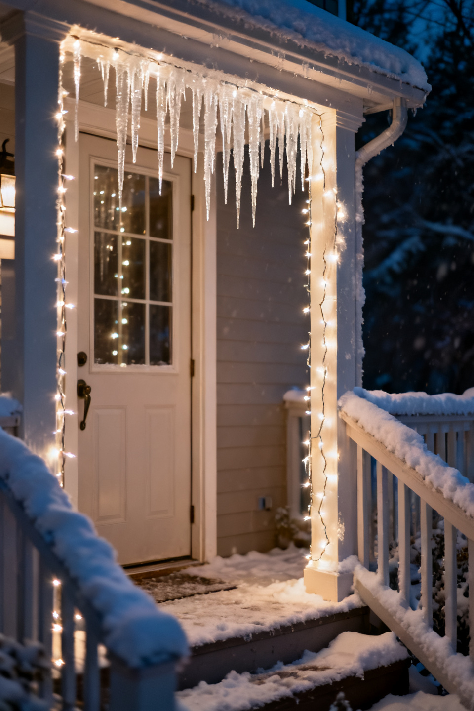 Warm-white icicle lights cascading down a front door frame at night