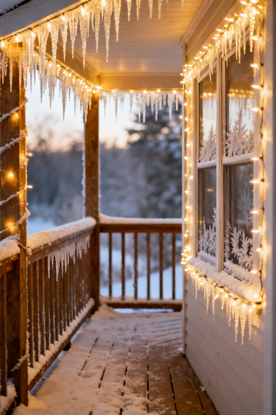 Cozy winter porch framed with dripping icicle lights