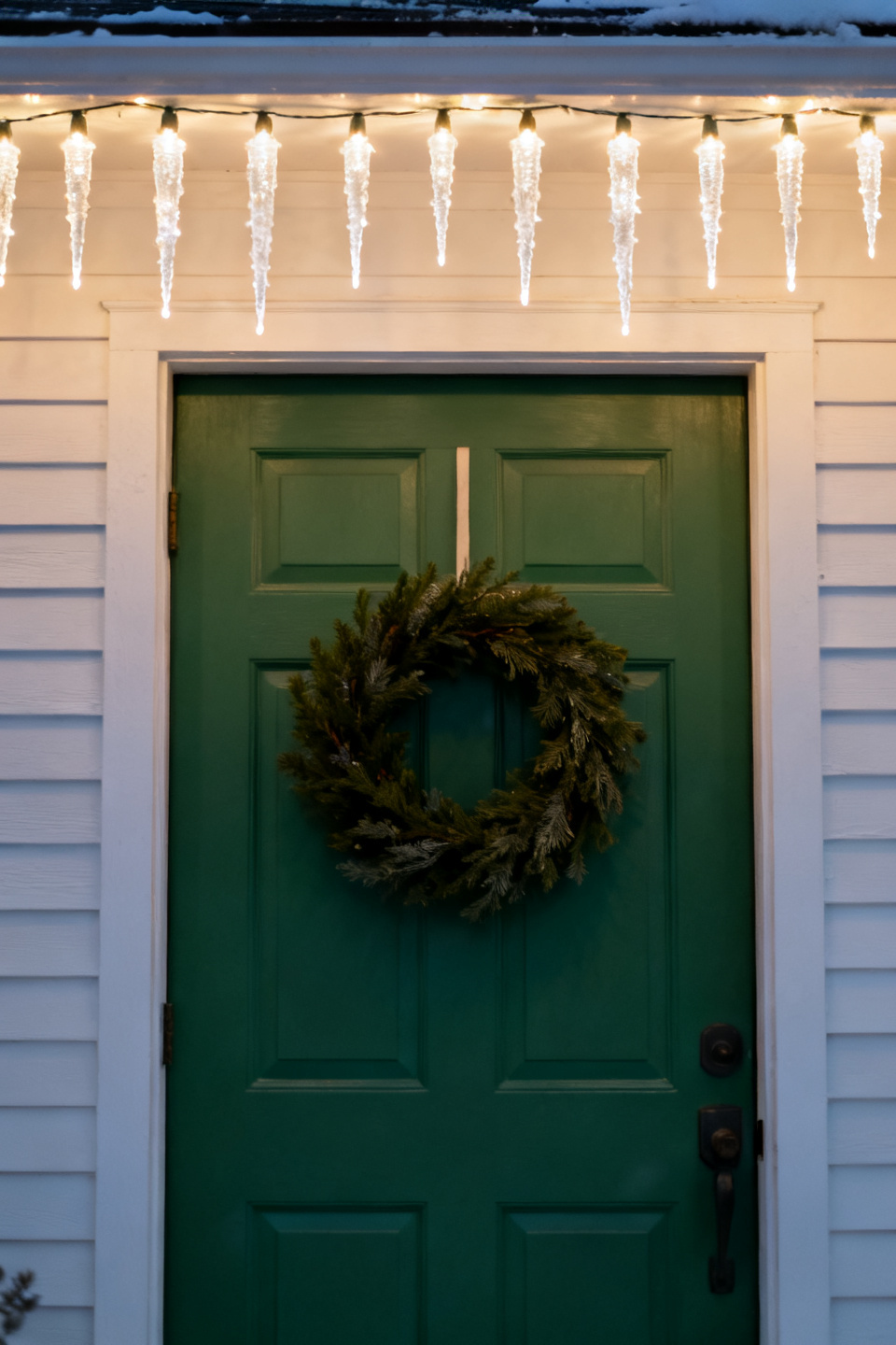 Icicle lights over a green door with a simple wreath