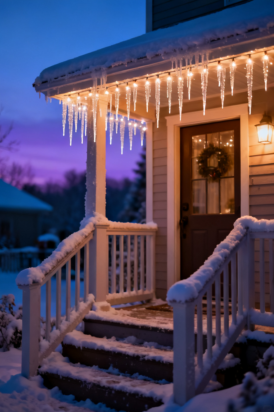 Soft glowing icicle lights on a snowy front entry
