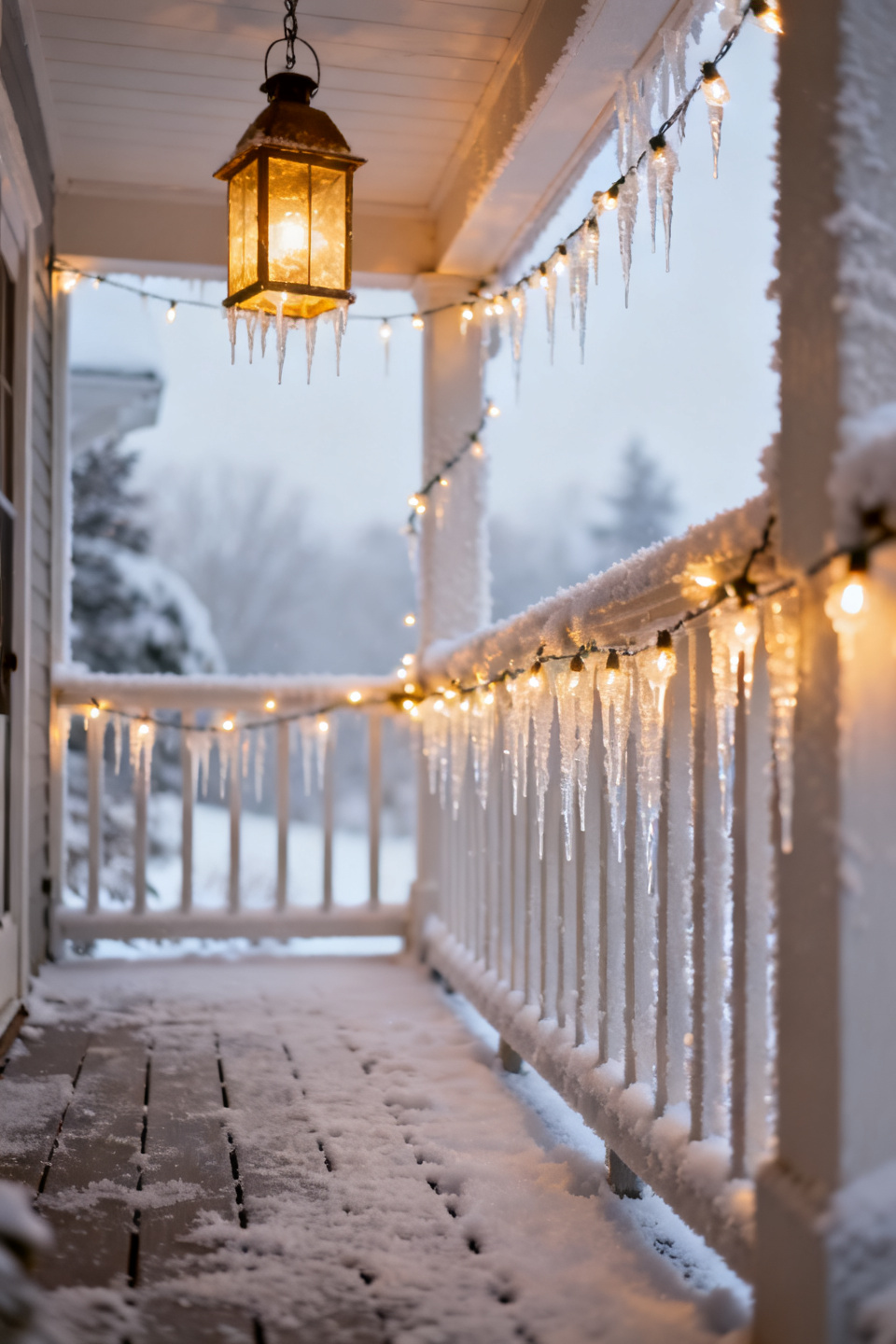Icicle lights paired with a lantern on a winter porch