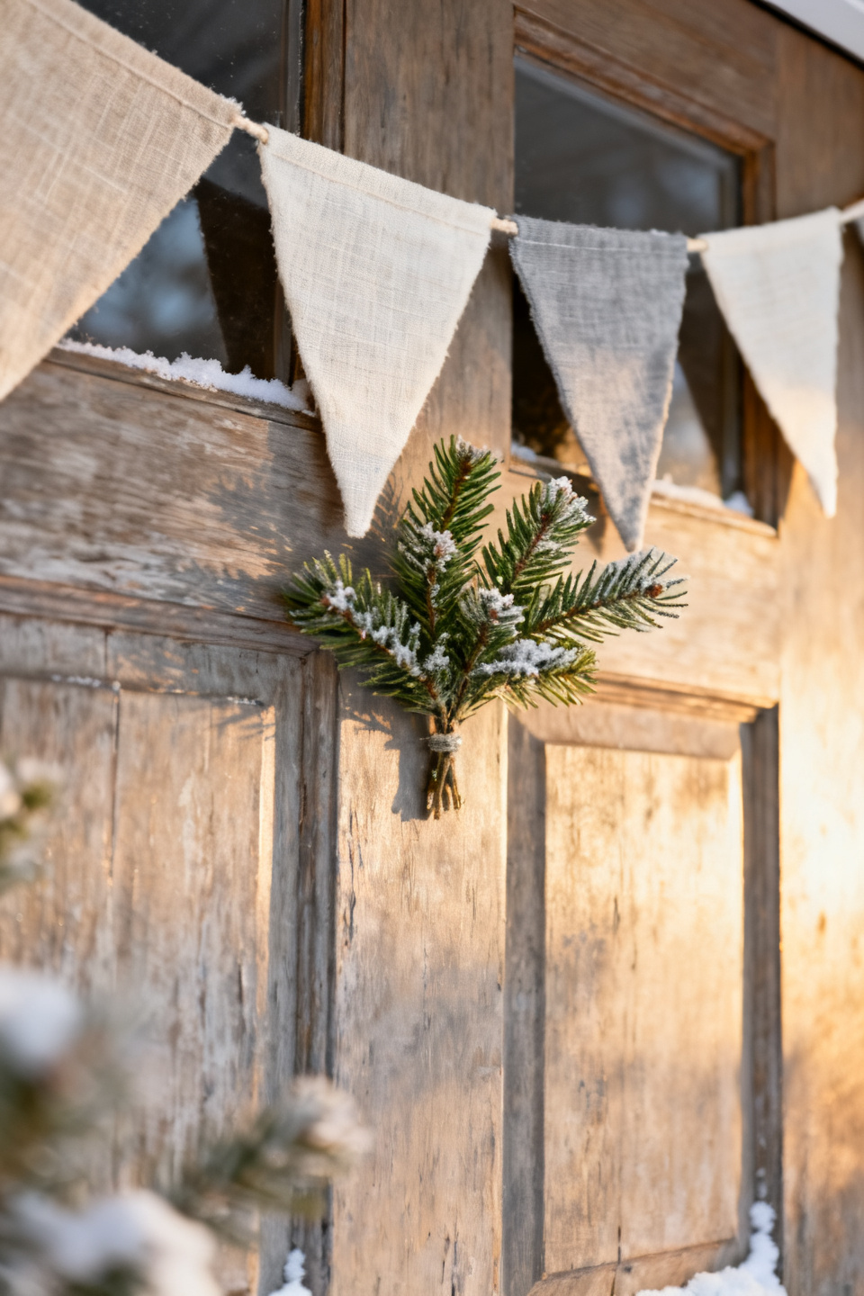 Soft neutral pennant banner strung above a winter front door