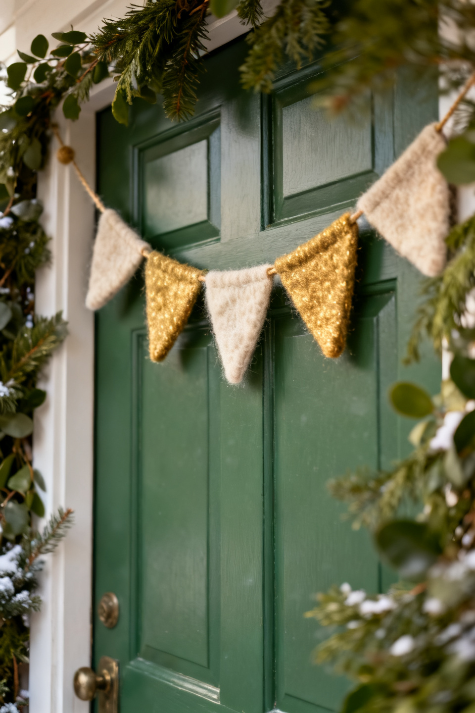 Felt garland banner over a green door with greenery