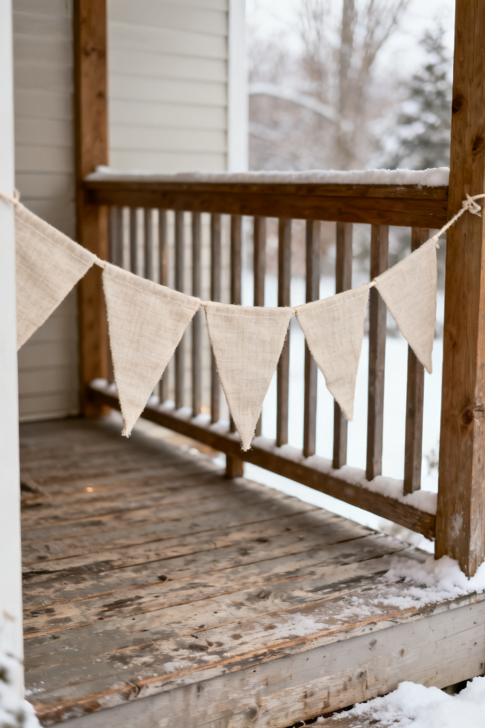 Let It Snow fabric banner on a cozy winter porch