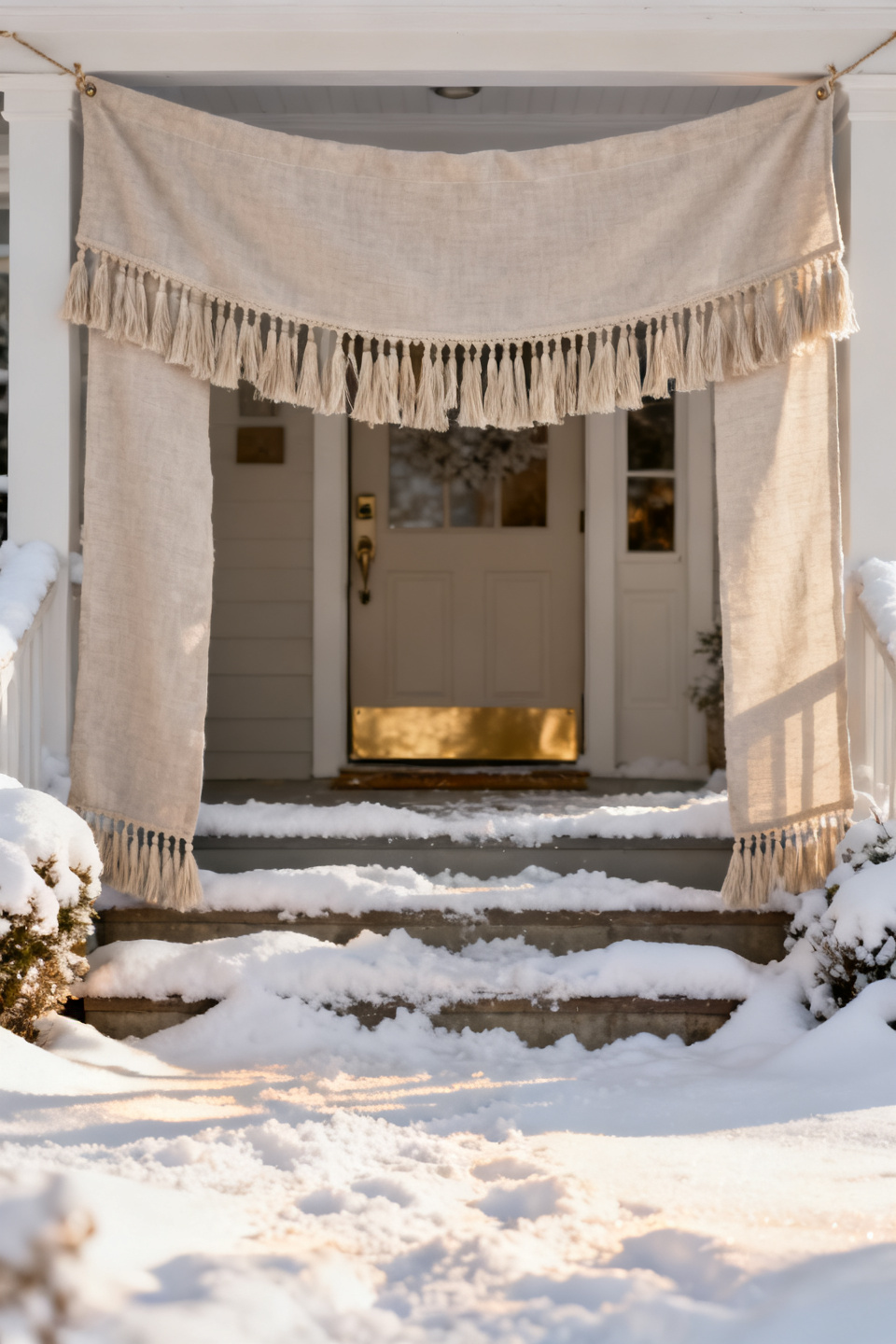 Neutral tassel banner framing a snowy entry