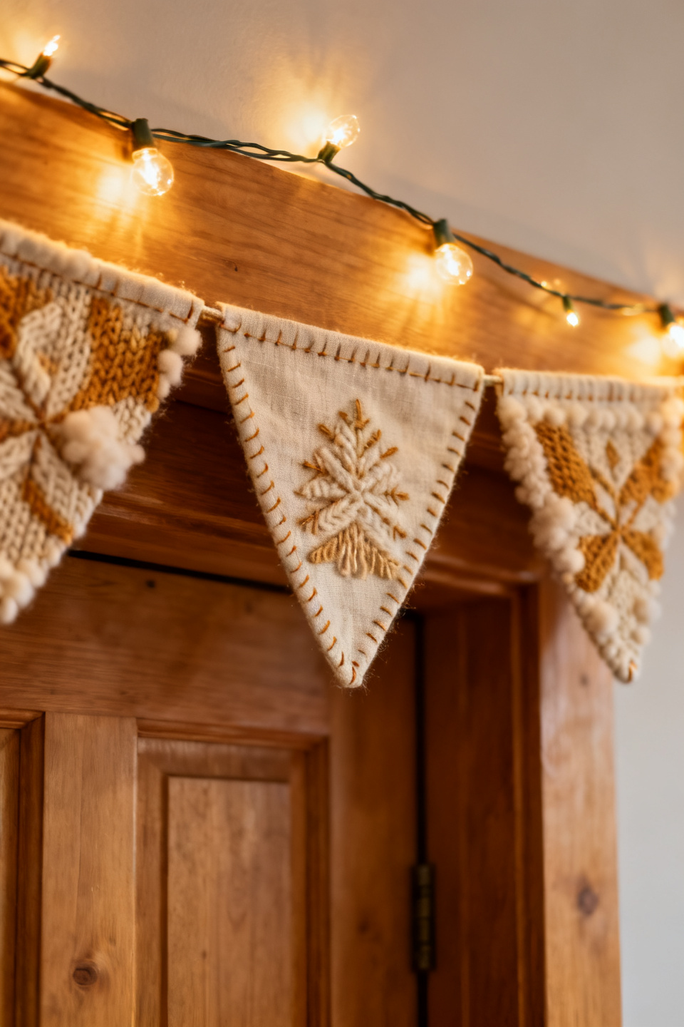 Handmade winter banner paired with warm string lights