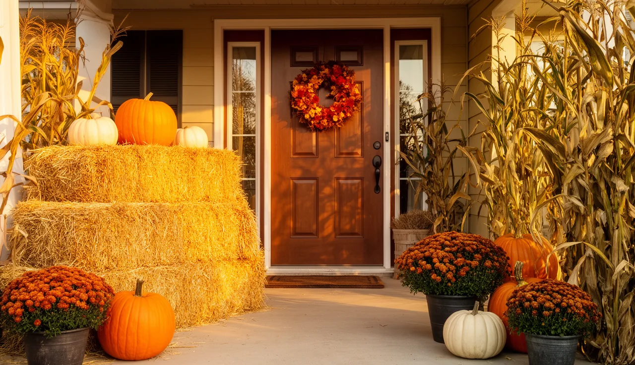 Cozy fall front porch with golden hay bales pumpkins and mums