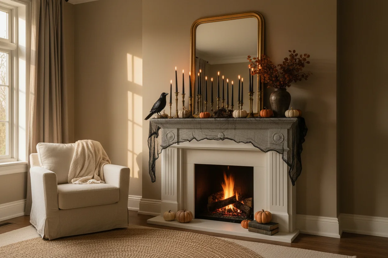 Halloween mantel decorated with black taper candles, pumpkins and a crow above a lit fireplace
