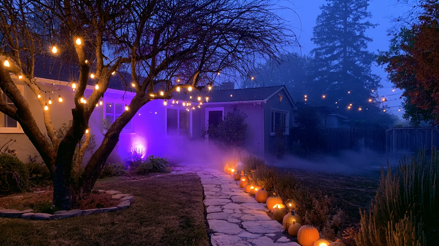 Outdoor Halloween lighting ideas: front yard at dusk with warm string lights in a bare tree, purple uplight on the house and glowing jack-o-lanterns lining the stone path in low fog