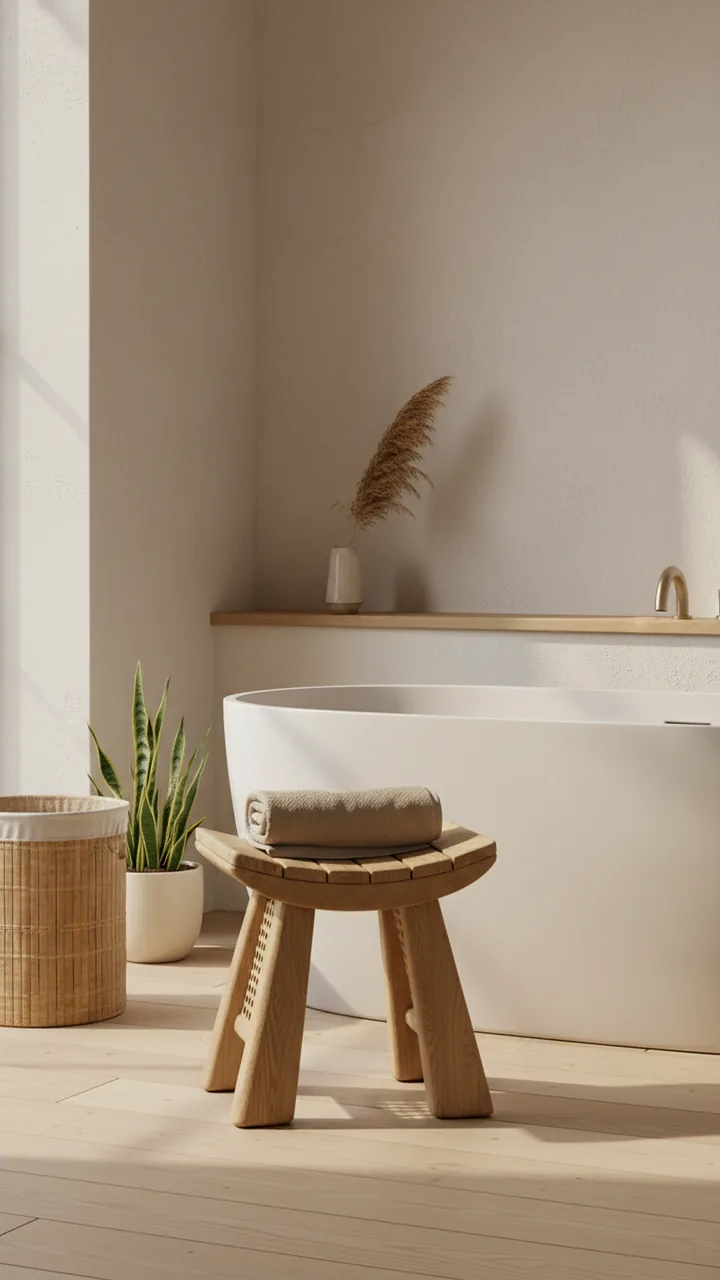 Low carved oak bath stool with a rolled towel beside a freestanding tub
