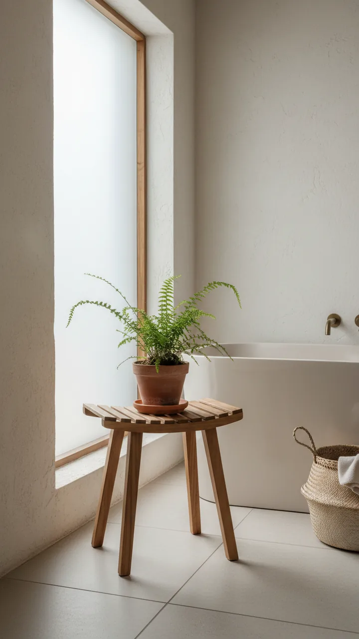 Teak slatted bath stool used as a plant stand with a small fern