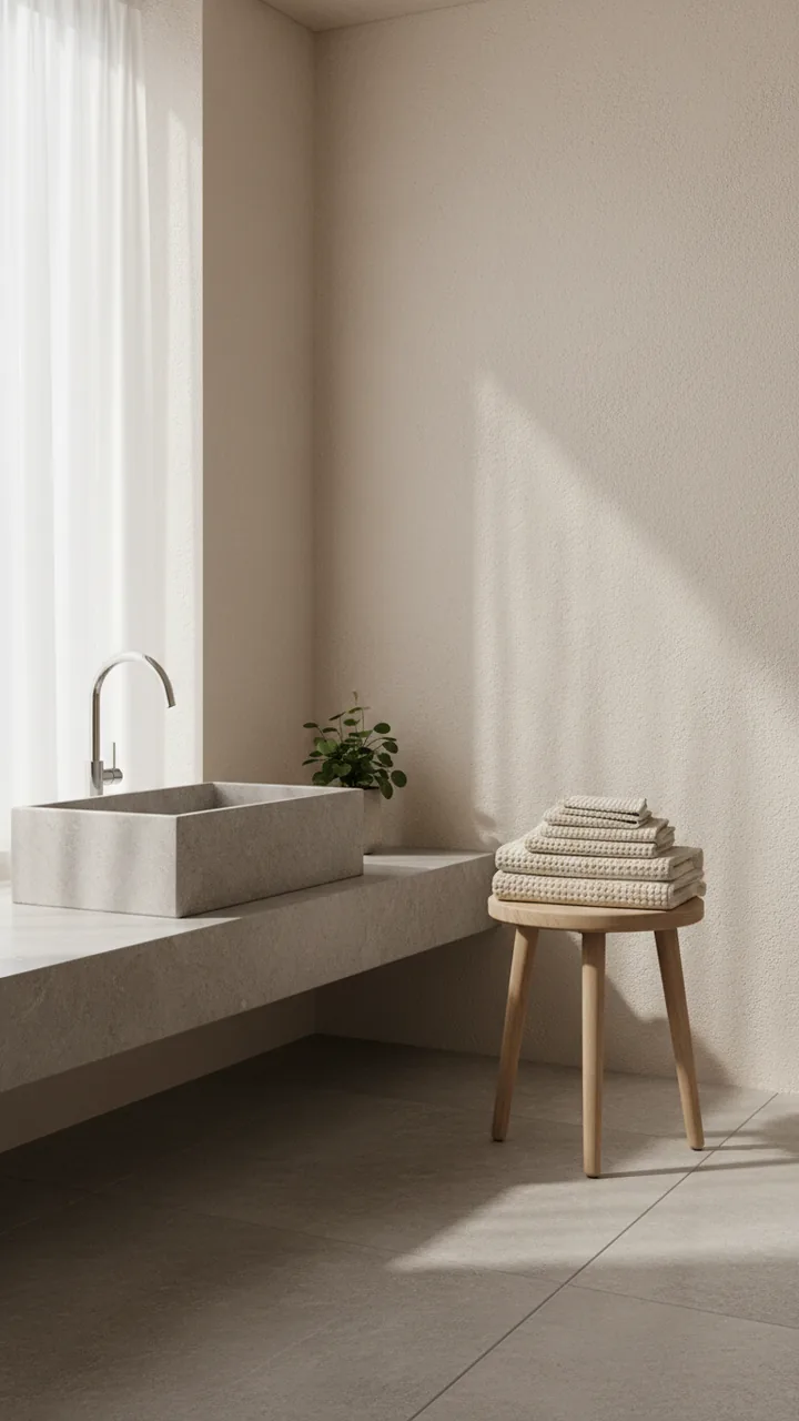 Minimalist light wood stool holding folded waffle towels by a stone basin