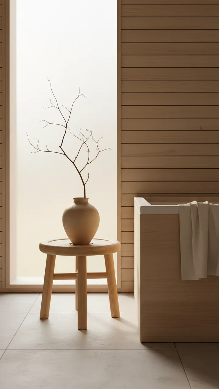 Bamboo stool with a stoneware vase and a single branch in a japandi bathroom