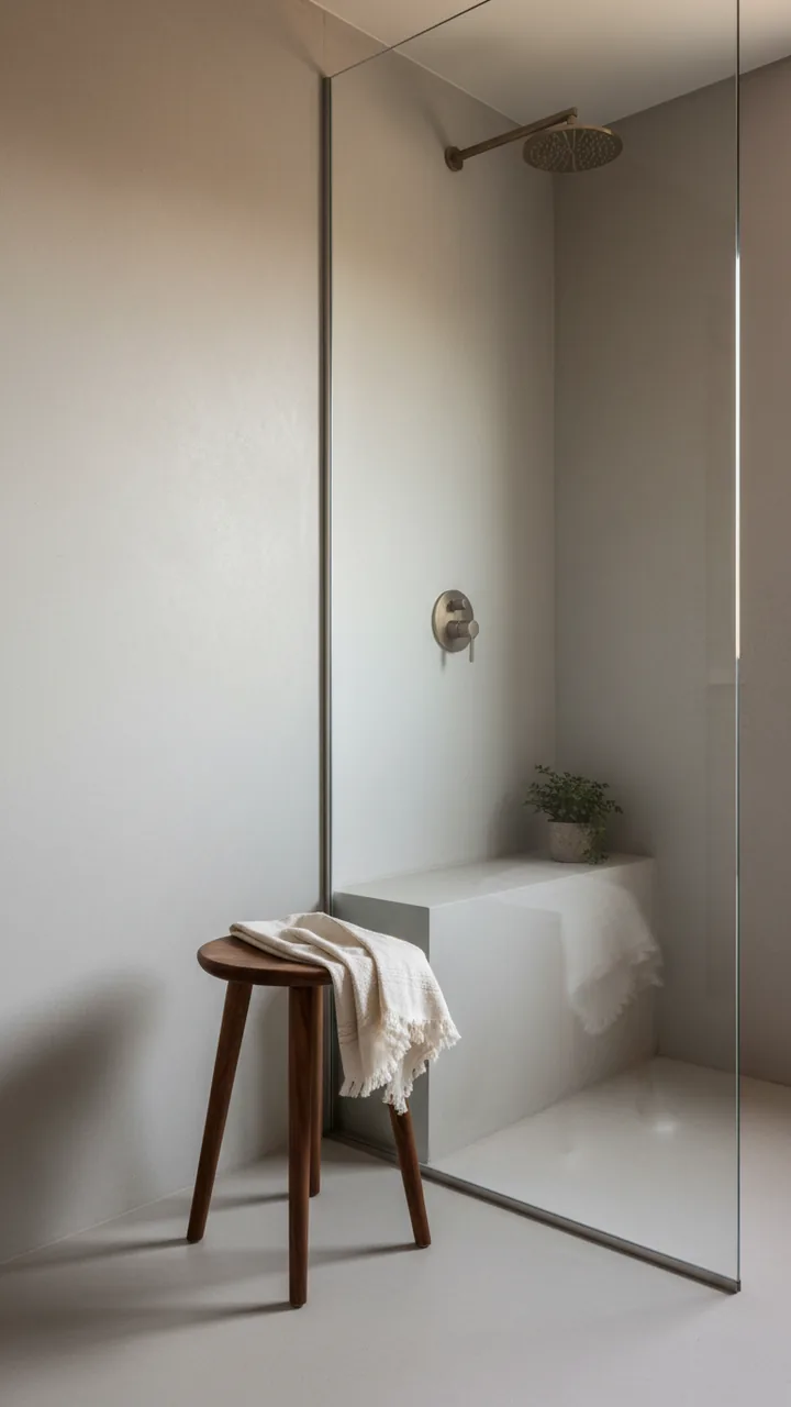 Simple walnut stool with a linen towel draped over it beside a shower