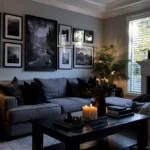 Modern living room with a large gallery wall of framed art above a gray sofa