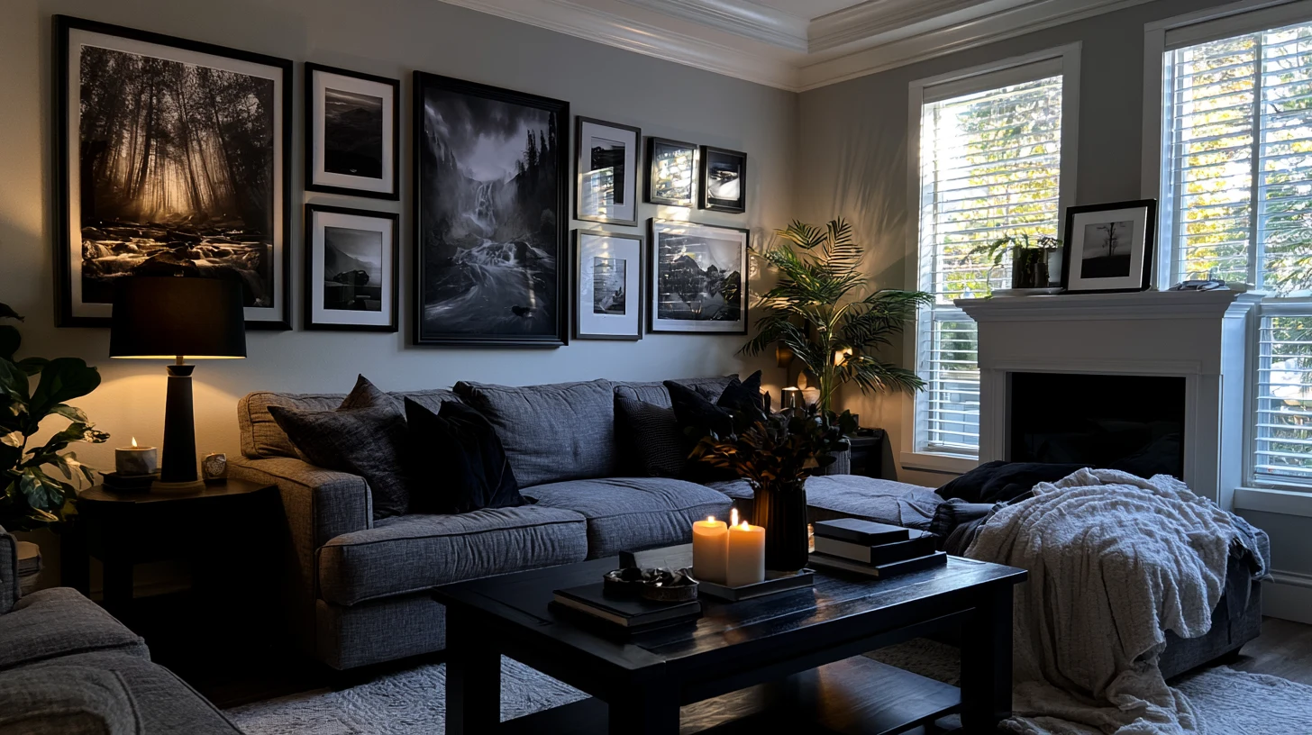 Modern living room with a large gallery wall of framed art above a gray sofa