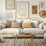 living room art ideas: a warm gallery wall of framed prints above a cream sofa