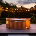 One cedar wooden hot tub on a modern deck with string lights