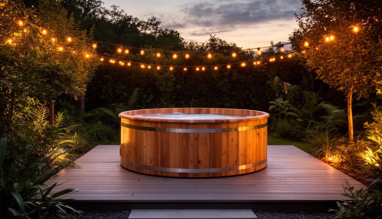 One cedar wooden hot tub on a modern deck with string lights