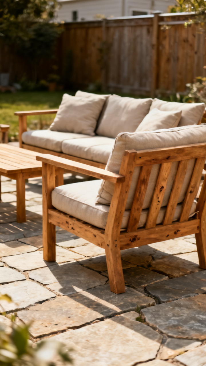 Teak wood outdoor furniture with neutral cushions on a flagstone patio