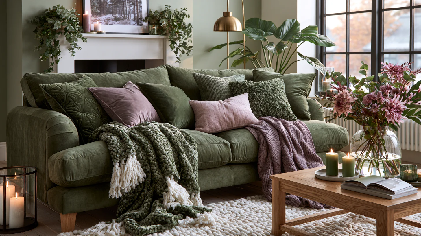 Olive green sofa living room with mauve pillows, brass lamp, and cozy textured throws