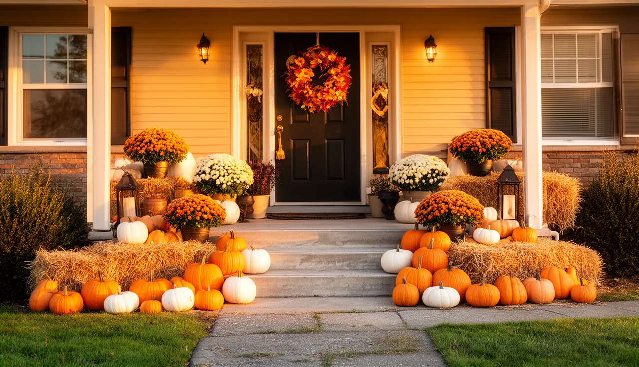 Cozy home front porch and yard decorated for fall