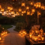 Cozy backyard patio glowing with warm lanterns at dusk