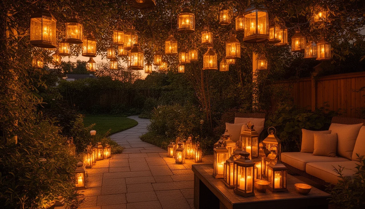 Cozy backyard patio glowing with warm lanterns at dusk