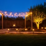 A home backyard at dusk lit by layered outdoor lighting