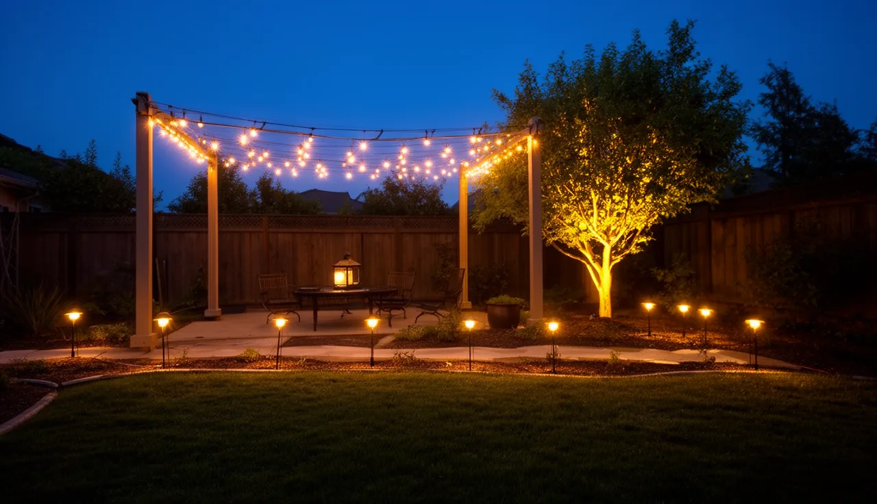 A home backyard at dusk lit by layered outdoor lighting
