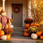 Cozy fall front yard with a friendly scarecrow and pumpkins