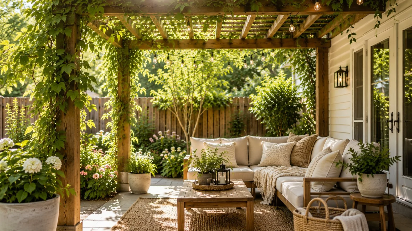 Small patio pergola with climbing vines, string lights and a cozy white sofa in a shady backyard retreat