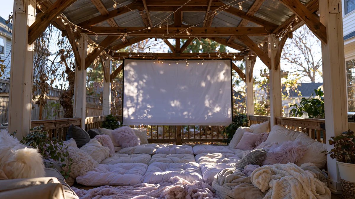 backyard movie-night pergola with a roll-down projector screen and string lights