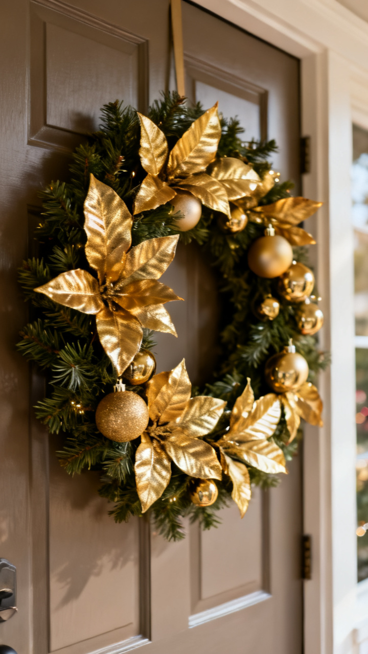 Photorealistic gold and champagne metallic Christmas wreath on a dark front door, glossy ornaments and gilded eucalyptus, warm entryway light, elegant cozy holiday palette, no text, no people, no logo, no watermark