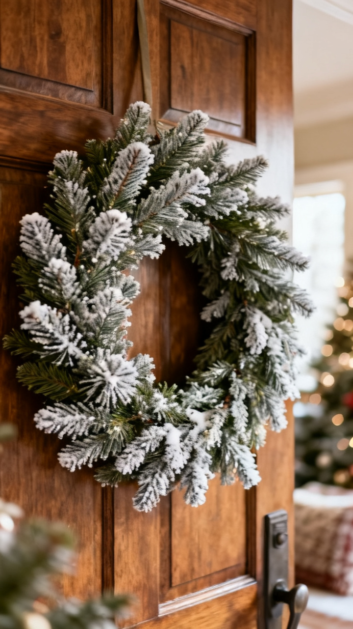 Photorealistic flocked snowy pine Christmas wreath with faux snow tips and white berries on a pale front door, soft winter daylight, cozy elegant holiday palette, no text, no people, no logo, no watermark