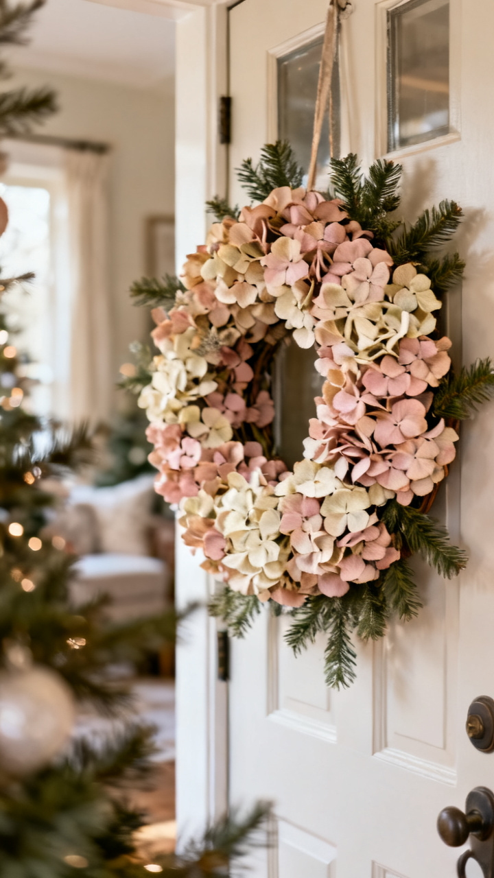 Photorealistic dried hydrangea Christmas wreath in soft blue and cream tones on a neutral door, delicate papery blooms, warm entry light, romantic cozy holiday palette, no text, no people, no logo, no watermark
