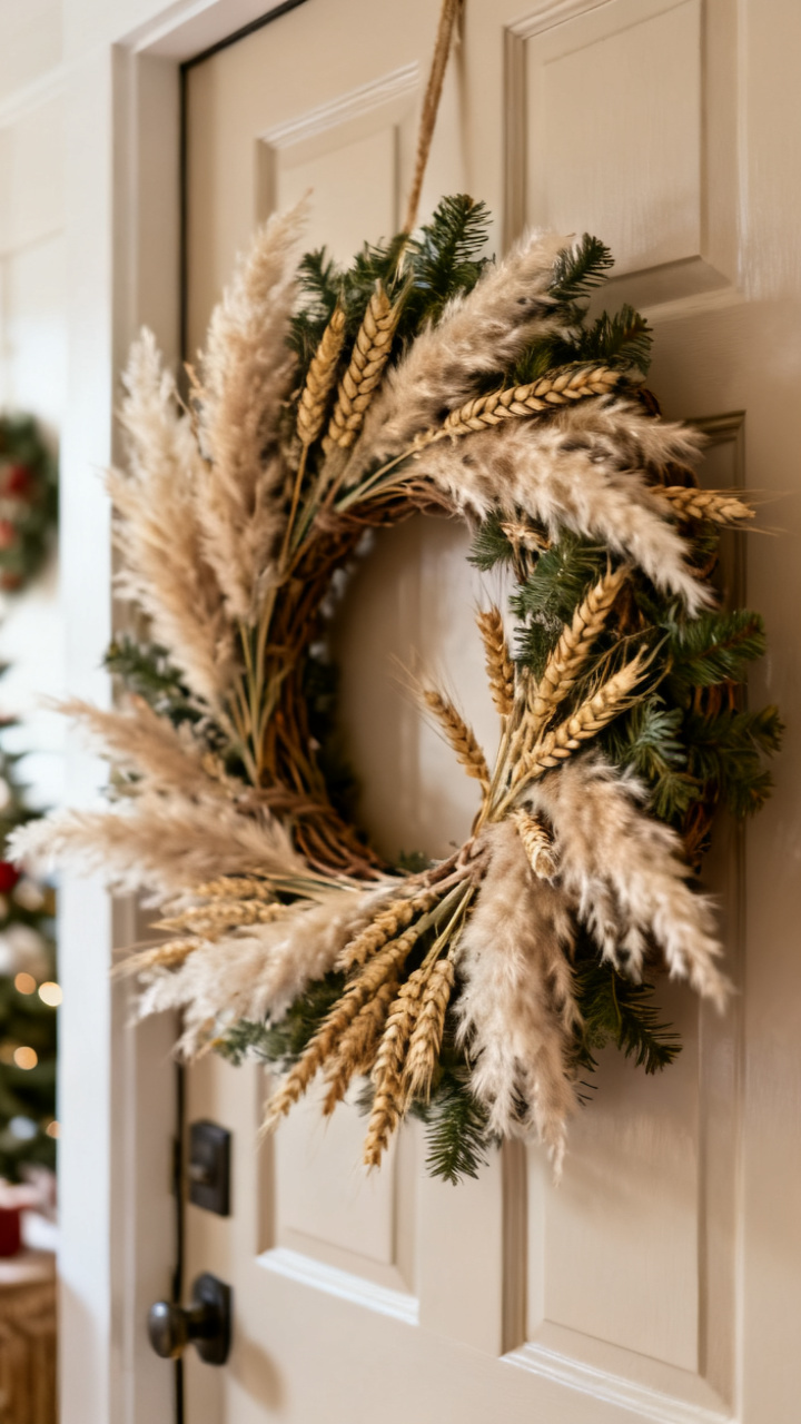 Photorealistic boho Christmas wreath of pampas grass and golden wheat with a jute bow on a light wood door, warm neutral tones, soft daylight, cozy natural holiday palette, no text, no people, no logo, no watermark