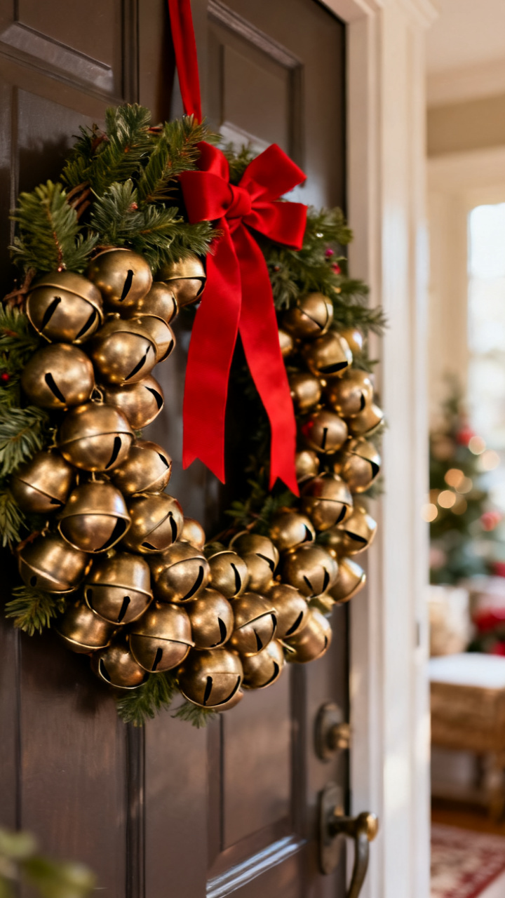 Photorealistic evergreen Christmas wreath with a cluster of brass and red jingle bells and a plaid ribbon on a red door, cheerful warm light, cozy festive holiday palette, no text, no people, no logo, no watermark
